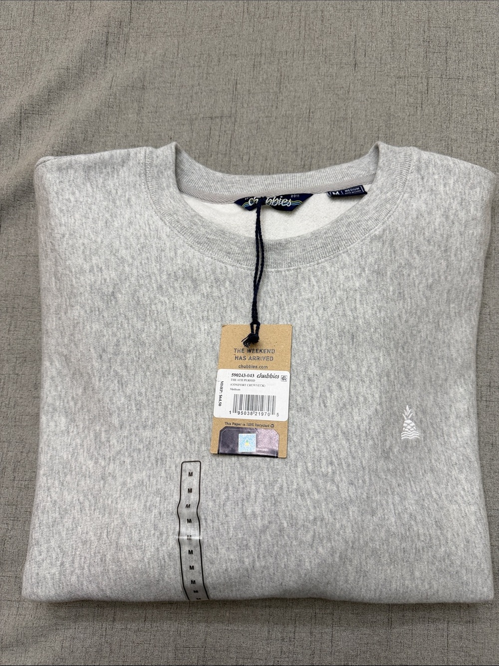 Chubbies Men’s Light Heather Grey Crewneck Sweatshirt with Pine Logo Size Medium